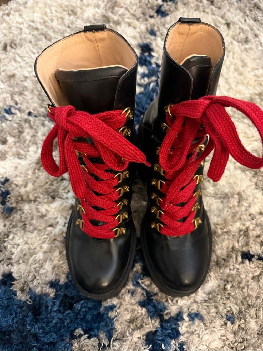 Gucci Black Leather Lace-Up Boots with Red Laces